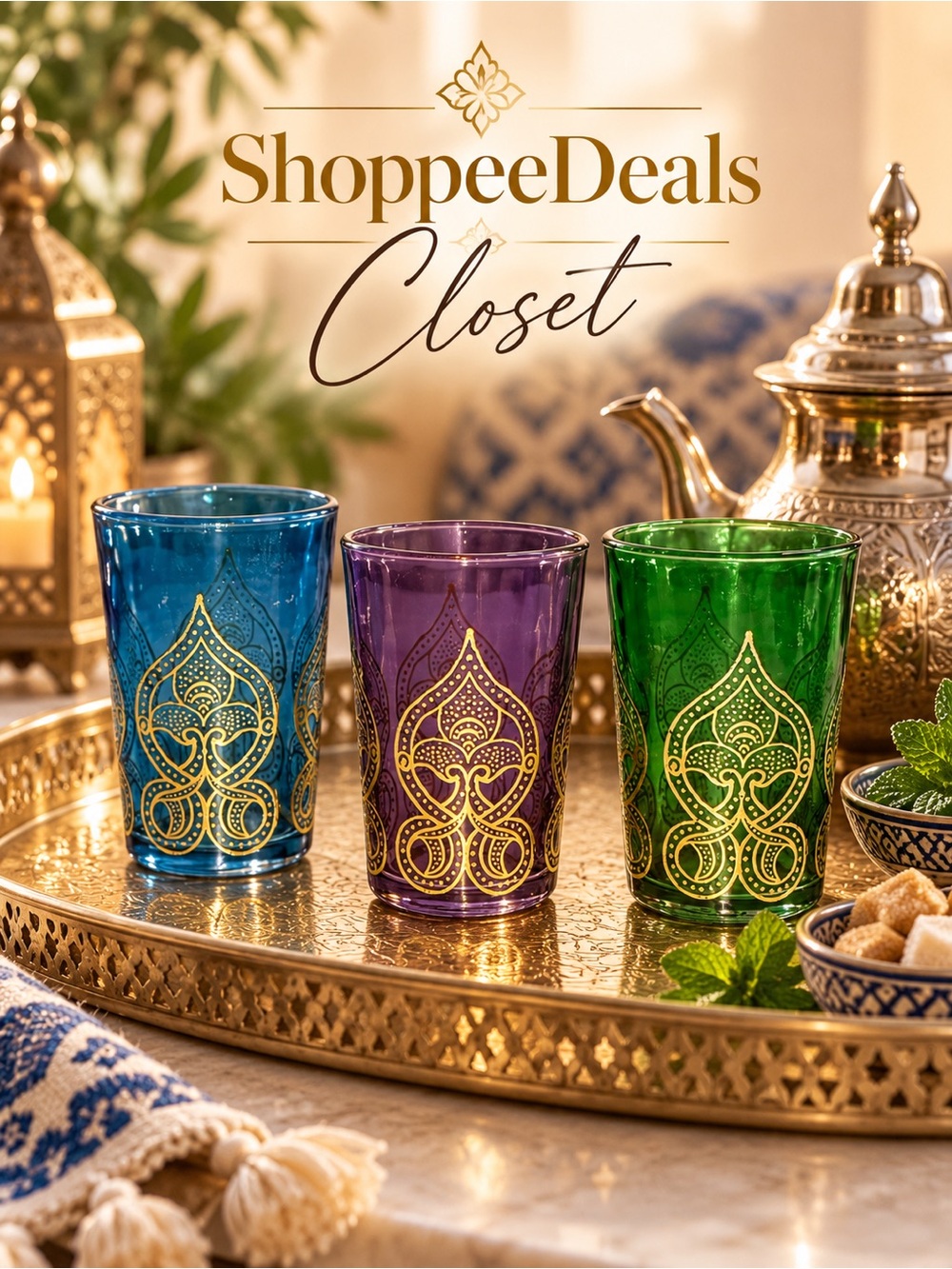 Vintage Moroccan Tea Glasses Set of 3 Jewel Tone Gold Arabesque Drinking Cups